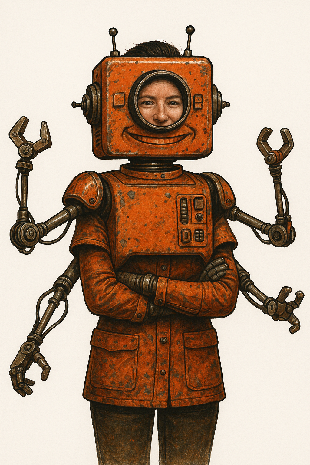 KI-generiertes Porträt einer Person in einem retro-futuristischen, orangefarbenen Roboterkostüm mit vier mechanischen Armen und einem Kastenhelm mit Gesichtsausschnitt.