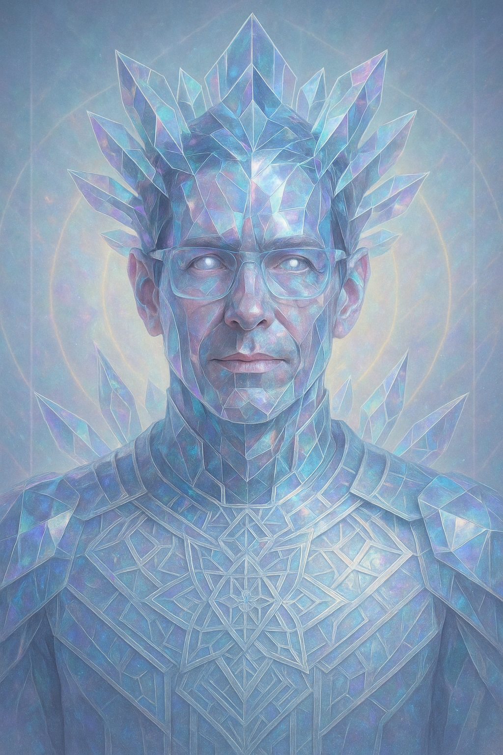 KI-generiertes Porträt eines Mannes in eisblauer, kristalliner Rüstung mit gläserner Krone, stilisiert und futuristisch.