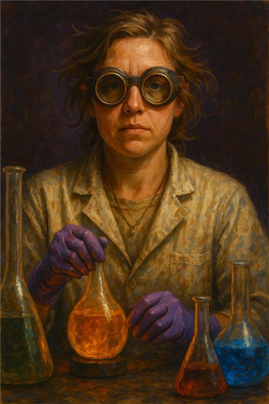 KI-generiertes Porträt einer Wissenschaftlerin mit Schutzbrille und violetten Handschuhen, umgeben von bunten Chemieflaschen.