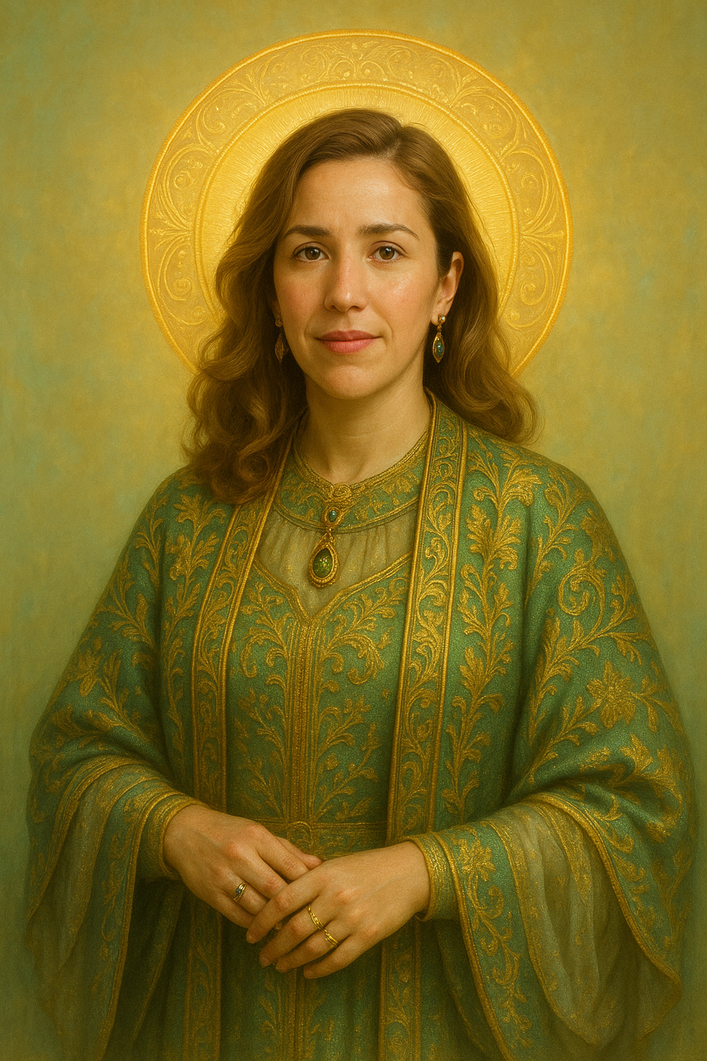 KI-generiertes Porträt einer Frau in gold-grünem Gewand mit Heiligenschein, inspiriert von religiöser Ikonenmalerei.