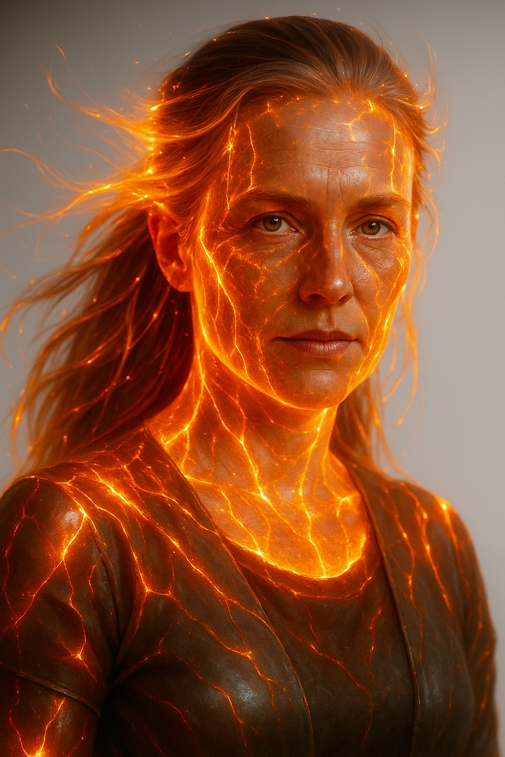 KI-generiertes Porträt einer Frau mit leuchtenden, lavaähnlichen Adern auf Haut und Gesicht, die intensiv in die Kamera blickt.