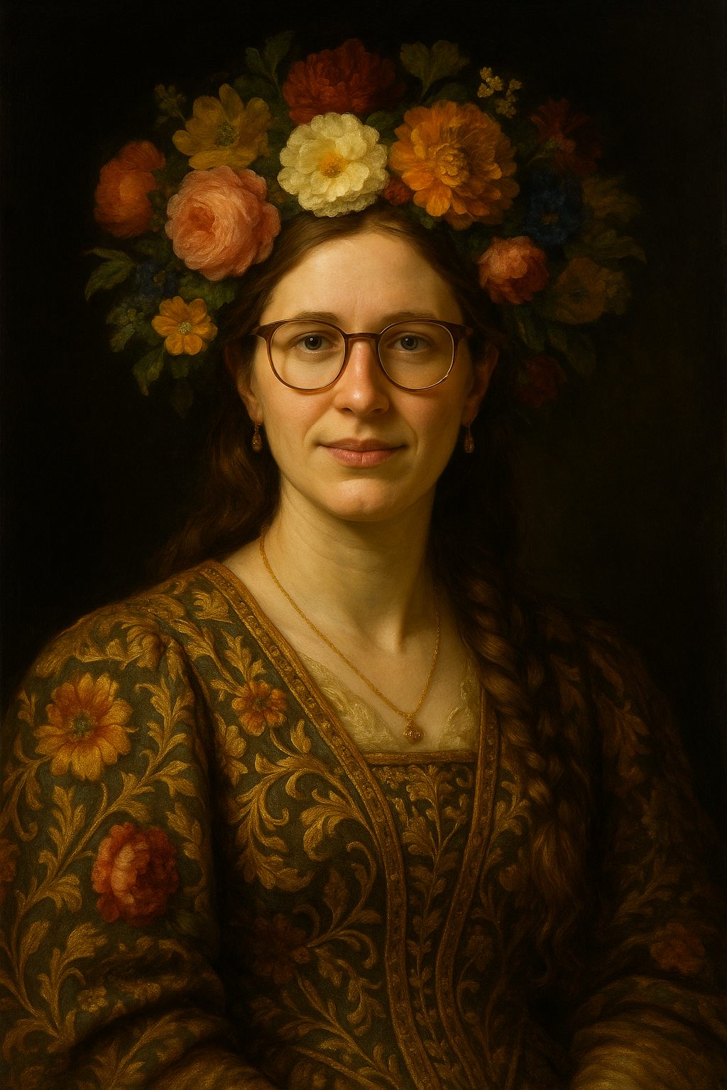 KI-generiertes Porträt einer Frau im Stil alter Meister, mit Brille, floralem Kopfschmuck und kunstvoll verziertem Gewand vor dunklem Hintergrund.