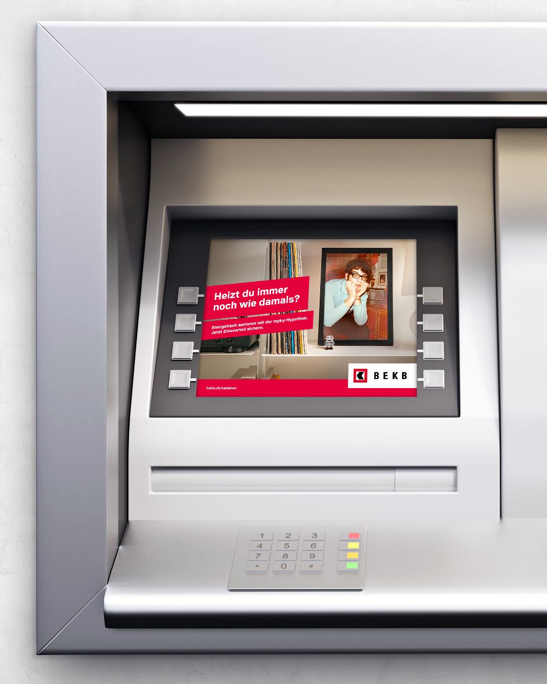 Die Kampagne «Heizt du immer noch wie damals?» für BEKB/myky als Anwendung bei einem Bankomat.