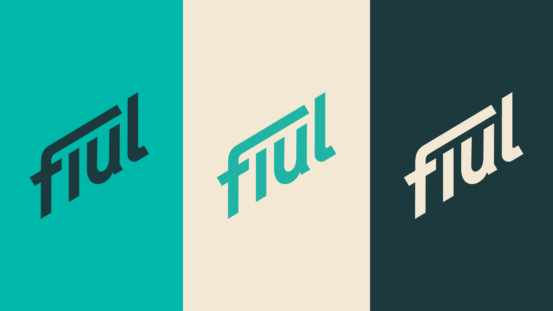 Fiul Logo in verschiedenen Farbvarianten auf türkisfarbenem, beigem und dunklem Hintergrund