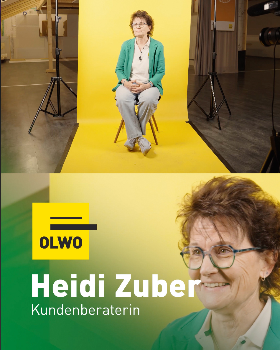 Social-Media-Porträt für OLWO mit Kundenberaterin Heidi Zuber vor gelbem Hintergrund.